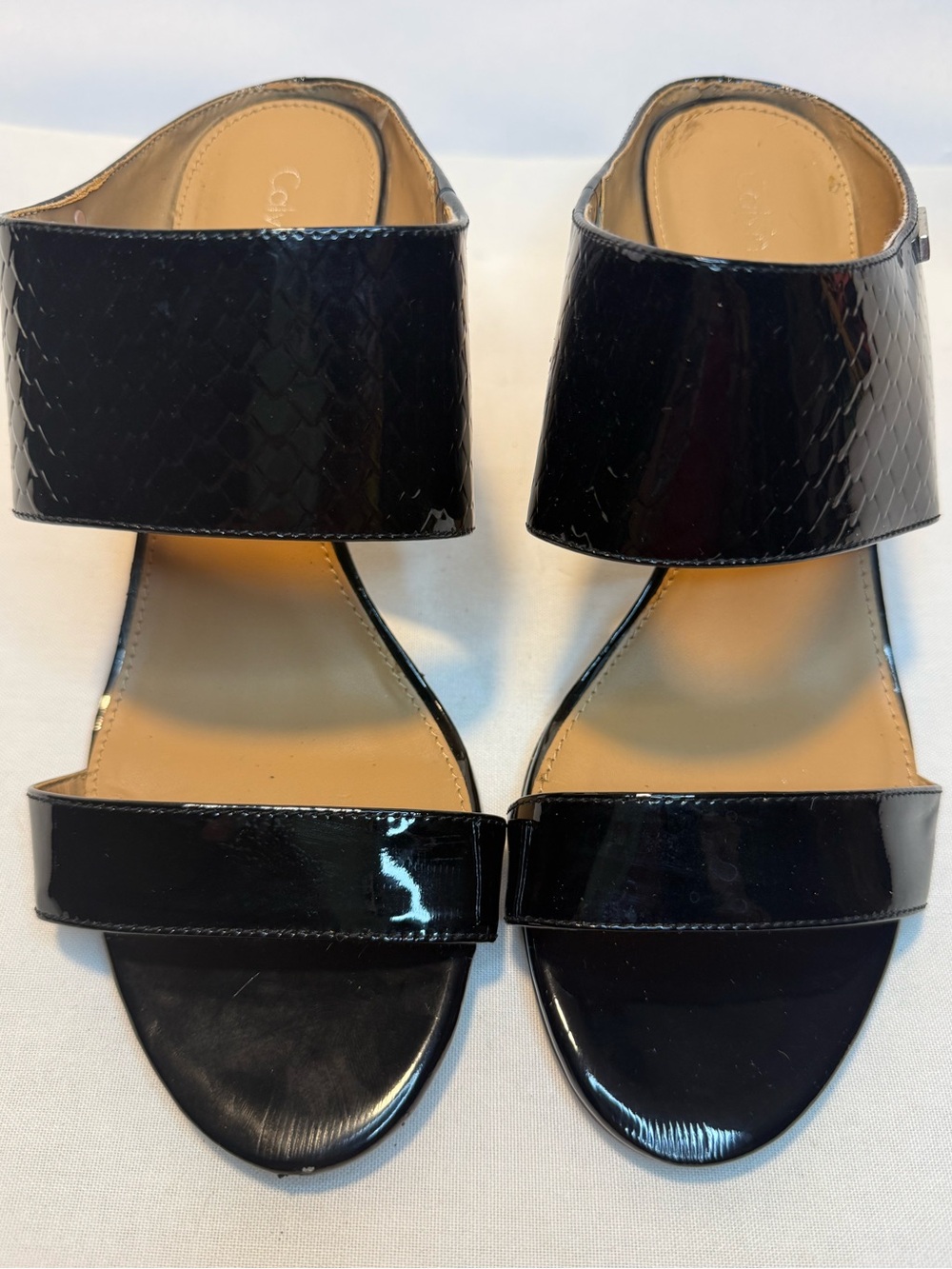 Calvin Klein Black Patent Wide-Strap Slide Heel Sandals. Size 8 Scuffs shown